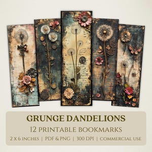 Marque-pages imprimables grunge pissenlits, images numériques de haute qualité, téléchargement immédiat, cadeau pour les amoureux du club de lecture, journal indésirable jardin de fleurs PNG