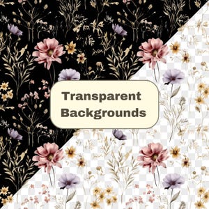 Puede incluir: Imagen dividida que muestra patrones florales con fondos transparentes. Un lado presenta un fondo negro con flores rosas, amarillas y moradas. El otro lado tiene un fondo transparente con el mismo dise&ntilde;o floral. El texto dice "Transparent Backgrounds."