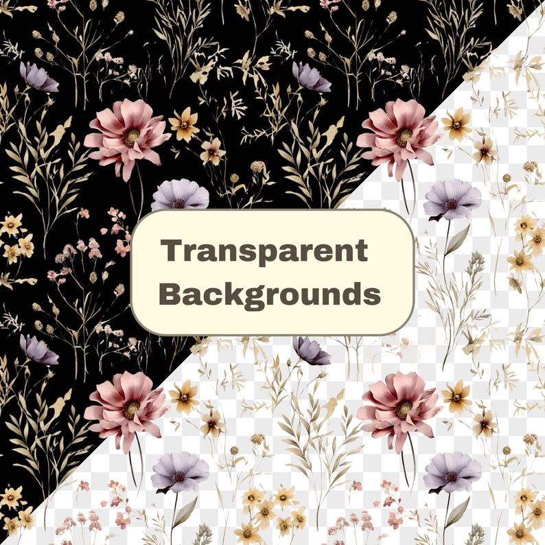 Puede incluir: Imagen dividida que muestra patrones florales con fondos transparentes. Un lado presenta un fondo negro con flores rosas, amarillas y moradas. El otro lado tiene un fondo transparente con el mismo dise&ntilde;o floral. El texto dice "Transparent Backgrounds."