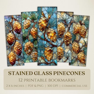 Può includere: Set di 12 segnalibri stampabili con un design a vetrata di pigne su rami con aghi blu. I segnalibri misurano 5 x 15 cm. Il testo sull'immagine recita "STAINED GLASS PINECONES" e "12 PRINTABLE BOOKMARKS".