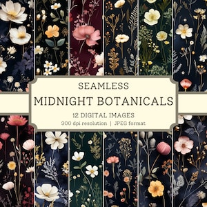 Midnight Botanicals digitaal papier, hoogwaardige naadloze afbeeldingen, geperste wilde bloemenbehang plakboek/textielontwerpen, digitale achtergronden