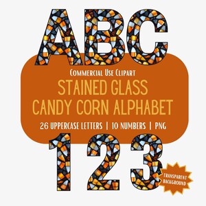 Stained Glass Candy Corn Alphabet PNG, A to Z Letters, 0 to 9 Numbers, High Resolution Decorative Letter Clipart, Transparent Background