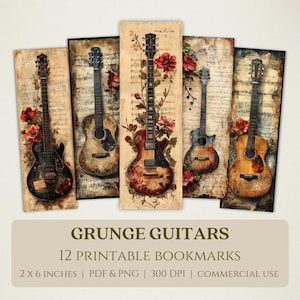 Grunge gitaren afdrukbare bladwijzers, digitale afbeeldingen van hoge kwaliteit, direct downloaden, boekenliefhebber cadeau, vintage bloemen muziekinstrumenten, png