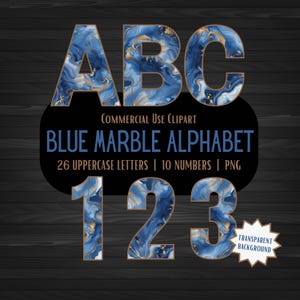Blauw marmer alfabet PNG, A tot Z letters, 0 tot en met 9 cijfers, hoge resolutie digitale kleurrijke belettering clipart, transparante achtergrond