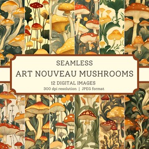 Papier numérique Champignons Art nouveau, Images transparentes de haute qualité, Papier peint champignon rétro, Scrapbooking Cottagecore, Motifs textiles de jardin