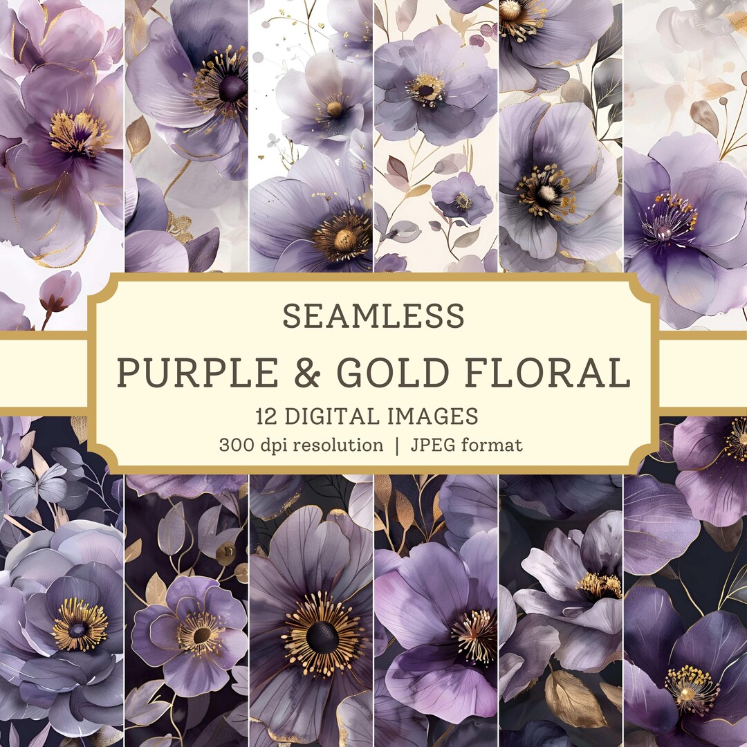 Purple & Gold Floral Digital Paper, 12 High Quality Seamless Images ...