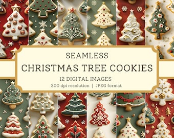 May include: Twelve seamless digital images of Christmas tree cookies with various designs and colors. The cookies are arranged in a repeating pattern on a red, green, and white background. The text "SEAMLESS CHRISTMAS TREE COOKIES" is displayed in a banner at the top of the image. The text "12 DIGITAL IMAGES" is displayed below the banner. The text "300 dpi resolution | JPEG format" is displayed below the "12 DIGITAL IMAGES" text.