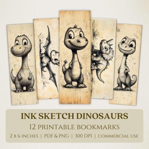 Ink Sketch Dinosaurs Printable Bookmarks, Wysokiej Jakości Obrazy Cyfrowe, Natychmiastowe Pobieranie, Prezent Miłośnika Klubu Książki, Rysunek Piórem Dino Zwierzęta
