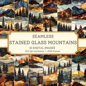 Puede incluir: Un conjunto de 12 imágenes digitales sin costuras que presentan paisajes de montaña de estilo vitral en colores cálidos otoñales. Las imágenes tienen una resolución de 300 dpi y están en formato JPEG.