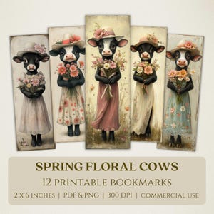 May include: Twelve printable bookmarks featuring cute cartoon cows wearing floral dresses and hats. Each bookmark is 2 inches by 6 inches and features a different cow design. The bookmarks are perfect for adding a touch of whimsy to your reading experience.