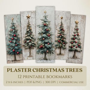 Könnte beinhalten: Fünf rechteckige Kunstdrucke mit strukturierten Weihnachtsbäumen mit roten Ornamenten und goldenen Sternaufsätzen. Die Drucke sind 5 x 15 cm groß. Der Text unten lautet "PLASTER CHRISTMAS TREES" und "12 PRINTABLE BOOKMARKS".