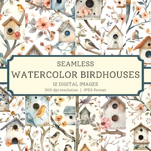 Op de afbeelding: Een naadloos patroon met aquarel-vogelhuisjes, bloemen en vogels. Het patroon is in tinten blauw, groen, roze en geel. De tekst "SEAMLESS WATERCOLOR BIRDHOUSES 12 DIGITAL IMAGES 300 dpi resolution | JPEG format" wordt weergegeven op een banner.