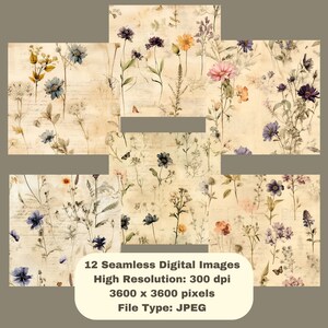 K&ouml;nnte beinhalten: Zw&ouml;lf nahtlose digitale Bilder mit einem Vintage-Blumenmuster mit zarten Bl&uuml;ten in Blaut&ouml;nen, Rosa, Gelb und Lila auf cremefarbenem Hintergrund mit handschriftlichem Text.