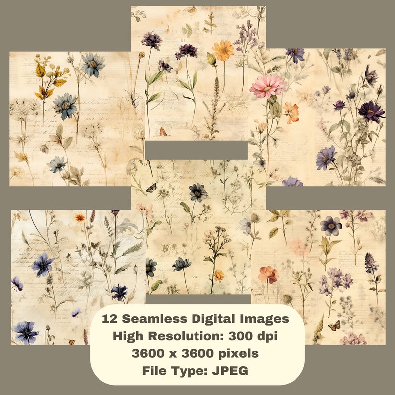 K&ouml;nnte beinhalten: Zw&ouml;lf nahtlose digitale Bilder mit einem Vintage-Blumenmuster mit zarten Bl&uuml;ten in Blaut&ouml;nen, Rosa, Gelb und Lila auf cremefarbenem Hintergrund mit handschriftlichem Text.