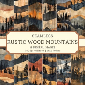 Carta digitale montagne di legno rustico, 12 immagini senza giunte di alta qualità, disegni di carta/tessuto per album, sfondi digitali, uso commerciale