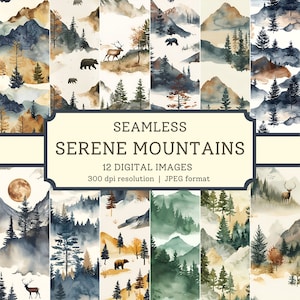 Papel digital Serene Mountains, 12 imagens sem costura de alta qualidade, planos de fundo digitais para impressão de scrapbook/designs têxteis, uso comercial