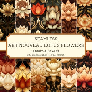 Art Nouveau lotusbloemen digitaal papier, naadloze afbeeldingen van hoge kwaliteit, vintage bloemenbehang, botanisch plakboek, textielontwerpen bloemen