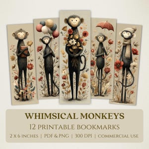 May include: Set of 12 printable bookmarks featuring whimsical monkey illustrations. Each bookmark is 2 x 6 inches and depicts a monkey with various accessories, such as flowers, balloons, and an umbrella, set against a floral background.