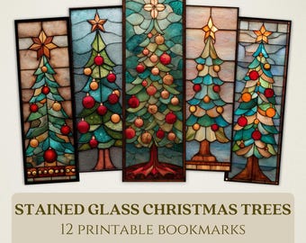 Marcapáginas imprimibles con árboles de Navidad de vidrieras, imágenes digitales de alta calidad, láminas de pinos invernales, regalo para amantes de los libros, PNG festivo para las fiestas.