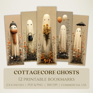 May include: A collection of 12 printable bookmarks with charming ghost illustrations in a cottagecore aesthetic. Each ghost is shown with different accessories and flowers. The bookmarks are 5.08 cm x 15.24 cm.