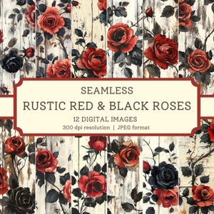 Papel digital rústico con rosas rojas y negras, imágenes sin costuras de alta calidad, diseños de álbumes de recortes y textiles para jardinería, fondos florales