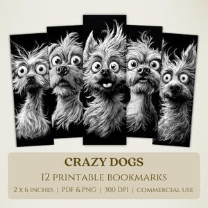 Marcapáginas imprimible de perros locos, imágenes digitales de alta calidad, descarga instantánea, regalo para amantes de los clubes de lectura, diseño de cachorros peculiares y divertidos PNG