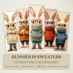 May include: Twelve printable bookmarks featuring illustrations of bunnies wearing sweaters and glasses. Each bookmark is 2 inches by 6 inches and is available in PDF and PNG formats. The bookmarks are 300 DPI and can be used for commercial purposes.