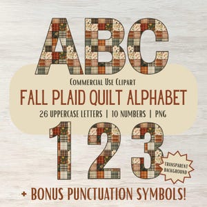 Fall Plaid Quilt Alphabet PNG, A to Z Letters, 0 to 9 Numbers, High Resolution Digital Decorative Lettering Clipart, Transparent Background