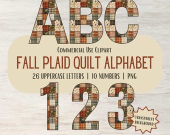Fall Plaid Quilt Alphabet PNG, A to Z Letters, 0 to 9 Numbers, High Resolution Digital Decorative Lettering Clipart, Transparent Background