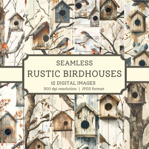 Op de afbeelding: Een digitaal papierpakket met 12 naadloze patronen met rustieke vogelhuisjes en vogels op een houten achtergrond. De tekst "Seamless Rustic Birdhouses" staat in het midden van de afbeelding. De tekst "12 Digital Images" staat onder de titel. De tekst "300 dpi resolution | JPEG format" staat onder het aantal afbeeldingen.