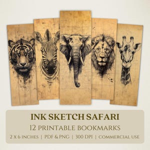 Zakładki do druku Ink Sketch Safari, wysokiej jakości obrazy cyfrowe, natychmiastowe pobieranie, prezent dla miłośników klubu książki, rysunek piórem dzikich zwierząt afrykańskich