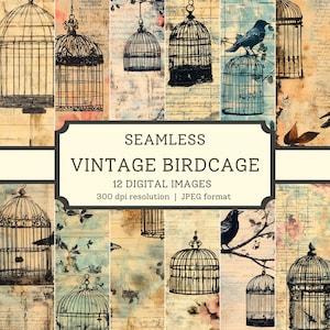 May include: Twelve digital images of vintage birdcages with a seamless pattern. The images are in a JPEG format and have a resolution of 300 dpi. The images feature a variety of birdcages, some with birds inside, and some with flowers or other decorative elements.