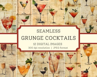 May include: Seamless digital images featuring a collage of vintage-style cocktail illustrations. The images showcase various cocktails with garnishes like cherries, citrus slices, and mint leaves. The text on the image reads "SEAMLESS GRUNGE COCKTAILS".