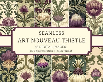 May include: A set of 12 digital seamless patterns featuring a stylized Art Nouveau thistle design in shades of green, purple, and cream. The text "Seamless Art Nouveau Thistle 12 Digital Images 300 dpi resolution | JPEG format" is displayed on a white banner.