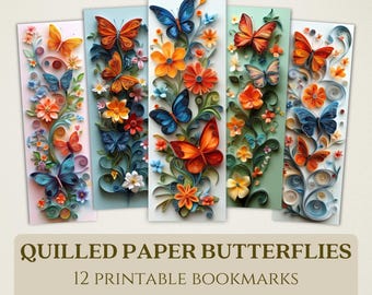 May include: Twelve printable bookmarks featuring intricate quilled paper butterflies in shades of orange, blue, and green, set against a backdrop of colorful flowers. The bookmarks are 2 inches by 6 inches and are available in PDF and PNG formats at 300 DPI.  Commercial use is permitted.