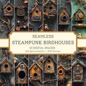 Op de afbeelding: Twaalf digitale afbeeldingen van naadloze steampunk-vogelhuisjes met ingewikkelde details en tandwielen. De vogelhuisjes zijn gemaakt van metaal en hout en hebben een rustieke, industriële uitstraling. De afbeeldingen zijn 300 dpi resolutie en in JPEG-formaat.