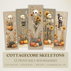 Puede incluir: Conjunto de cinco marcapáginas imprimibles con esqueletos cottagecore. Cada esqueleto está representado con calabazas, girasoles y elementos otoñales. El texto en la parte inferior dice "COTTAGECORE SKELETONS, 12 PRINTABLE BOOKMARKS, 5 x 15 cm".