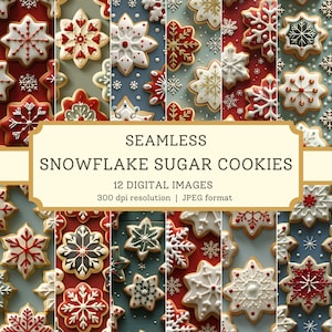 May include: Twelve digital images of snowflake sugar cookies in various colors and designs. The cookies are arranged in a repeating pattern, creating a seamless background. The images are 300 dpi resolution and in JPEG format.