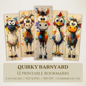 Quirky Barnyard Printable Bookmarks, High Quality Digital Images, Instant Download, Book Club Lover, Colorful Cartoon Farm Animal Designs