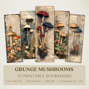Puede incluir: Un conjunto de cinco marcapáginas imprimibles con ilustraciones detalladas de setas en varios colores, incluyendo rojo, marrón y azul. Los marcapáginas están sobre un fondo de papel vintage. Se muestra el texto "GRUNGE MUSHROOMS". Cada marcapáginas mide 5,08 cm x 15,24 cm.