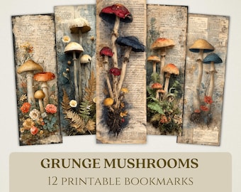 Grunge Mushrooms Printable Bookmarks, High Quality Digital Images, Gardening Book Lover Gift, Cottagecore Toadstool Fungi Junk Journal PNG