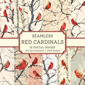 Carta digitale Red Cardinal, 12 immagini senza cuciture di alta qualità, carta per album di ritagli stampabile/disegni tessili, sfondi digitali Bird Tree