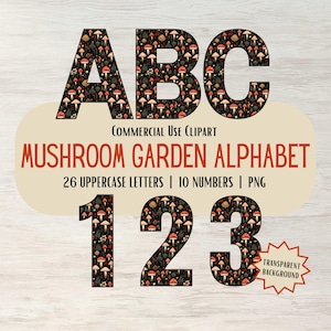 Pilz Garten Alphabet PNG, A bis Z Buchstaben, 0 bis 9 Zahlen, hochauflösende digitale dekorative Schriftzüge Clipart, transparenter Hintergrund