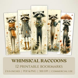 Whimsical Raccoons Printable Bookmarks, High Quality Digital Images, Instant Download, Book Club Lover Gift, Vintage-Style Woodland Animals