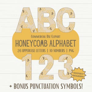 Honeycomb Alphabet PNG, A to Z Letters, 0 to 9 Numbers, High Resolution Digital Decorative Lettering Clipart, Transparent Background