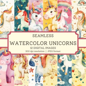 Watercolor Unicorns Digital Paper, 12 High Quality Seamless Images, Printable Scrapbook/Textile Designs, Digital Backgrounds, Commercial Use