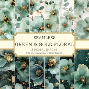 Grün-Gold Blumen-Digital-Papier, 12 hochwertige nahtlose Bilder, druckbare Scrapbook/Textil-Designs, digitaler Hintergrund, kommerzielle Nutzung