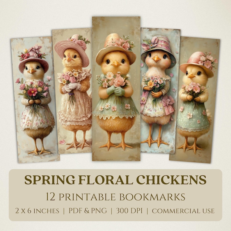 Spring Floral Chickens Printable Bookmarks, High Quality Digital Images ...