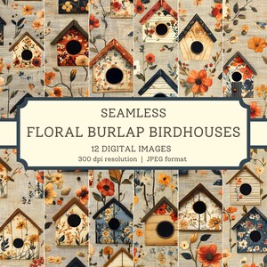 Op de afbeelding: Twaalf naadloze digitale afbeeldingen van bloembedrukte vogelhuisjes van jute. Elke afbeelding toont een ander ontwerp van een vogelhuisje met een bloempatroon op een jute achtergrond. De afbeeldingen zijn 300 dpi resolutie en in JPEG-formaat.