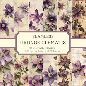Papier numérique clématite grunge, images transparentes de haute qualité, journal indésirable, albums de scrapbooking/dessins de jardin, arrière-plans floraux